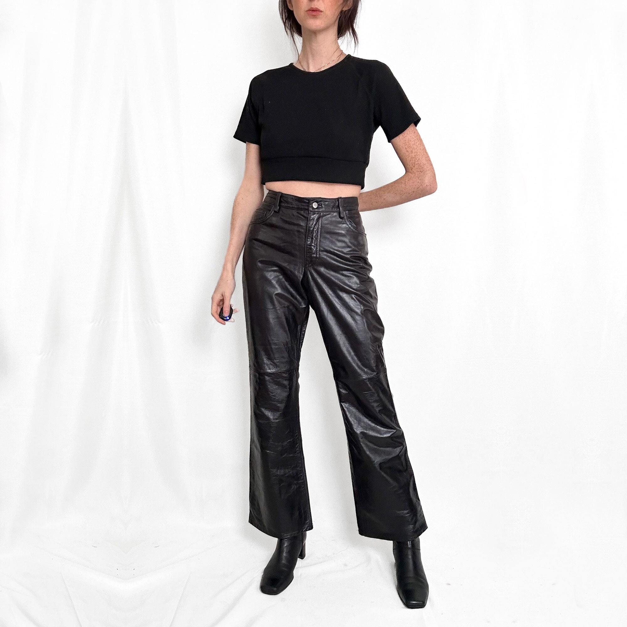 Leather Pants Women Petite High Waisted Baggy Faux Leather Pants Straight  Leg Y2K Leather Pants Tight Shiny Trousers Black at  Women's Clothing  store