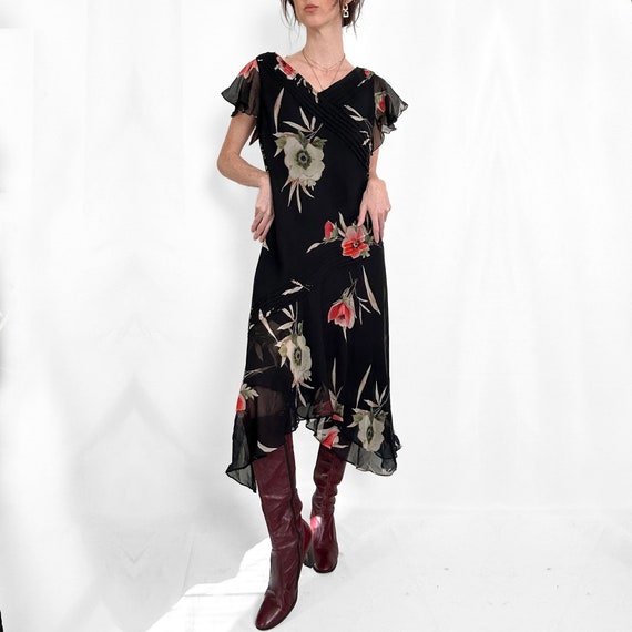 Vintage Black Floral Silk Dress - image 1