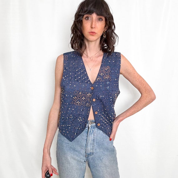 Vintage Blue Bohemian Beaded Vest Top - image 3