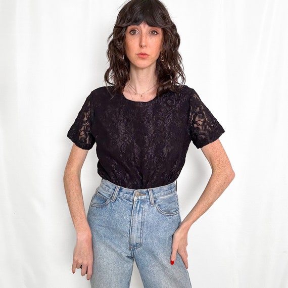 Vintage Black Sheer Lace Top - image 1