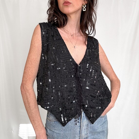 Vintage Black Sequin Swirl Disco Vest - image 3