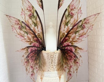 Blush Forest Fairy Wings, Floral Fairy Costume Wings, Handmade Elven Wings, Botanical Fantasy Wings, Pink Rose Fairy Wings