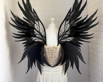 Black PET Plastic Angel Wings, Gothic Cosplay Costume, Lightweight Foldable Prop
