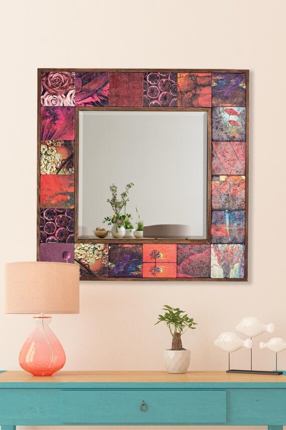 Red Ceramic Tiled Mirror Wooden Frame With Flower Tiles Etsy