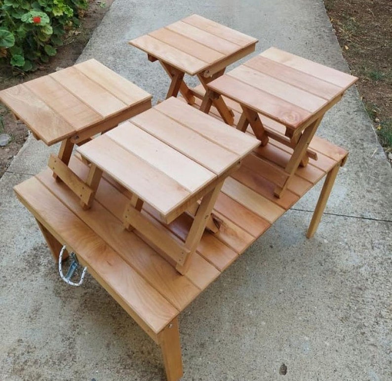 Foldable Camp Table With Camping Stools Wood Portable Table Etsy