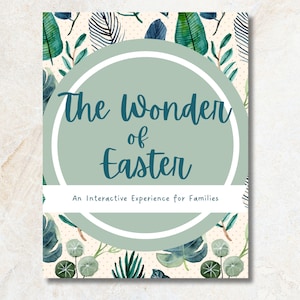 May include: A green and white illustrated cover for an interactive Easter experience for families. The cover features a circle with the text "The Wonder of Easter" and a floral pattern.