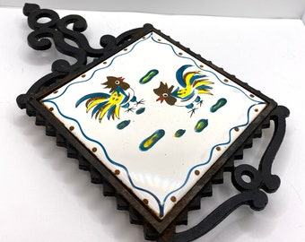 Rooster Trivet, Crown Ceramics (Japan) 1960s - Cast Iron and Ceramic