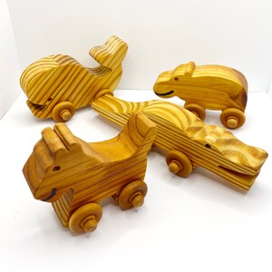 4 Vintage Handmade Wooden Animal Toys on Wheels