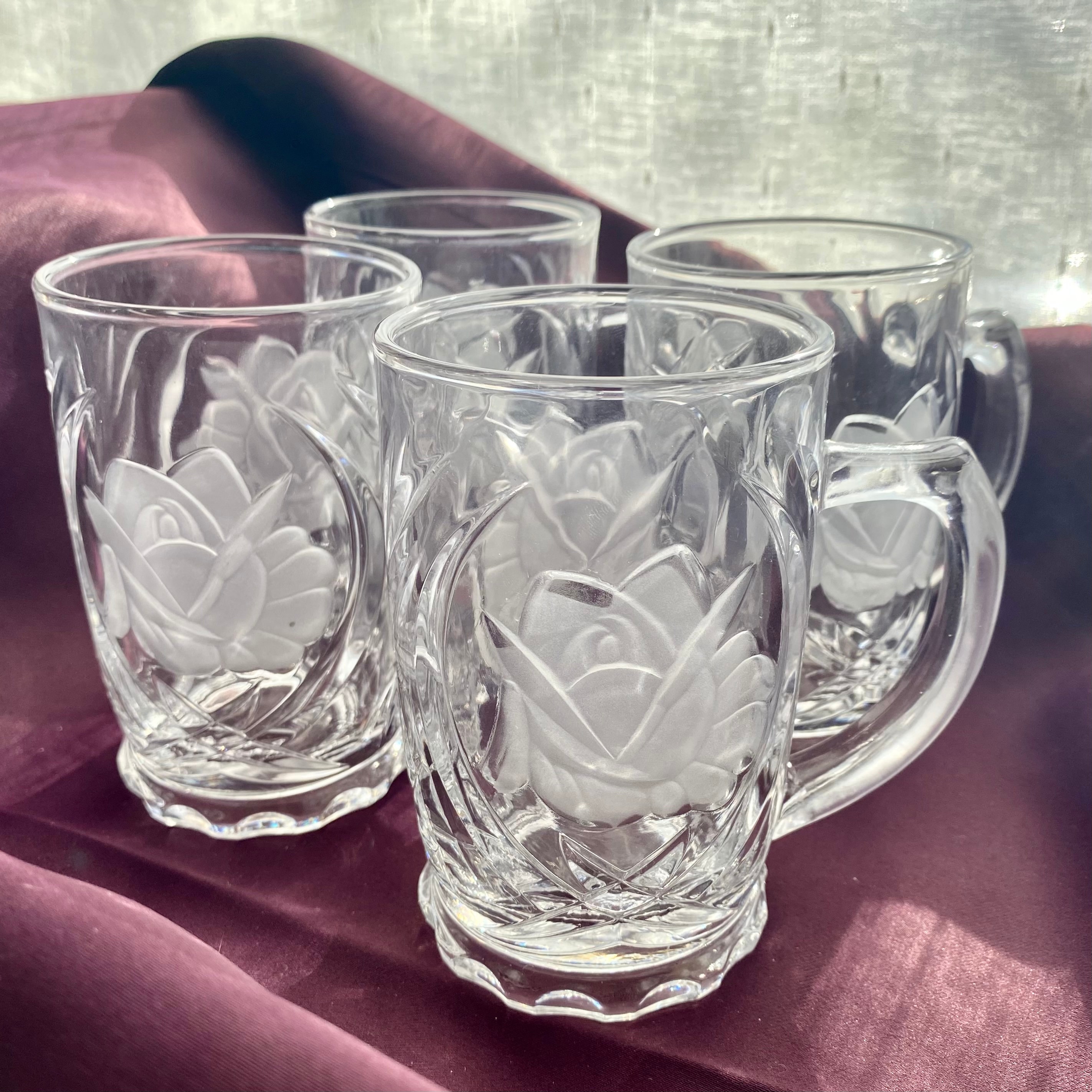 Mikasa Crystal Mugs, frosted glass Roses, 4 Crystal Mugs, Rose Pearls  pattern crystal, gift for her, Valentines gift, Mikasa coffee mugs