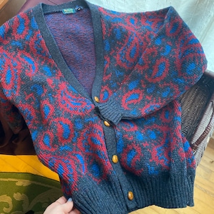 Vintage Byford 100% Shetland Pure Wool Paisley Cardigan with Leather Buttons