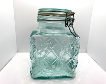 Vintage Glass Canister by Hermetic Italian with Wire Closure - Vegetable pattern