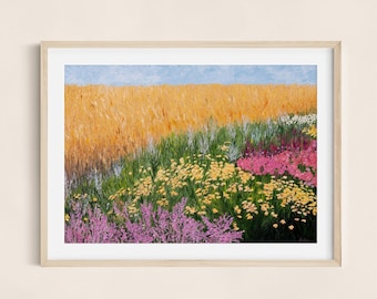 Landscape Oil Painting Print, Field of Flowers, Flower Oil Painting, Colorful Oil Painting