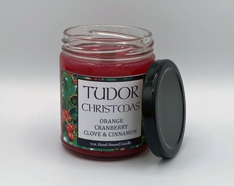 Tudor Christmas Candle - Wood Wick Candle | Holiday Candle - Orange, Cranberry, Clove, Cinnamon | British History Gift for Tudor Fans