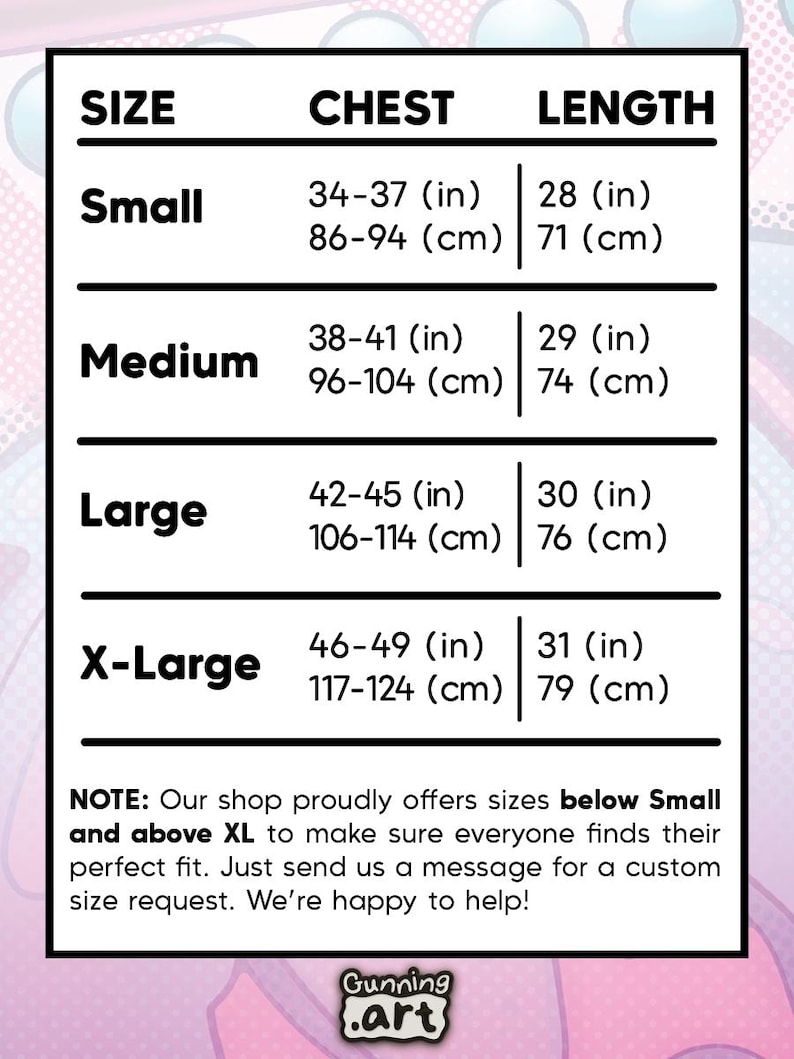Op de afbeelding: Een maattabel voor kleding, met borst- en lengtematen in inches en centimeters. Maten vari&euml;ren van Small (86-94 cm borst, 71 cm lengte) tot X-Large (117-124 cm borst, 79 cm lengte).
