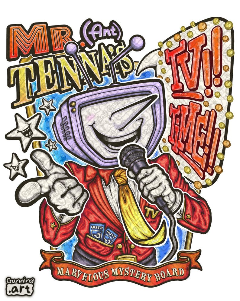 May include: A colorful illustration of a TV-headed character holding a microphone, with the words "Mr. Antenna's TV Time!" The character wears a red jacket, yellow tie, and has a smiling TV screen for a face. The words "Marvelous Mystery Board" are on a banner.
