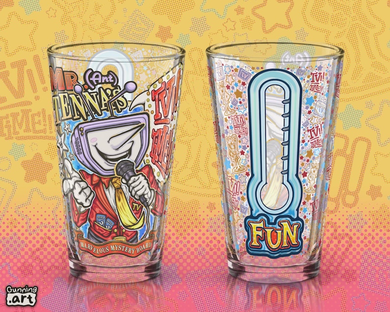 May include: Two clear pint glasses with colorful cartoon designs. One glass features a TV-headed character with a microphone, the text "Mr. Antenna", and "Marvelous Mystery Board". The other glass has a thermometer and the word "FUN".