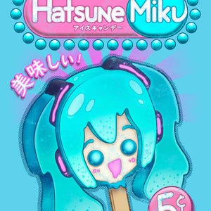 Op de afbeelding: Illustratie van een Hatsune Miku ijslolly op een stokje, met een blauw en roze kleurenschema. De afbeelding bevat de tekst "The Original Vocaloid" en Japanse tekst. Een roze munt met "5&cent;" staat rechtsonder.