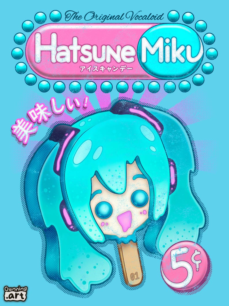 Op de afbeelding: Illustratie van een Hatsune Miku ijslolly op een stokje, met een blauw en roze kleurenschema. De afbeelding bevat de tekst "The Original Vocaloid" en Japanse tekst. Een roze munt met "5&cent;" staat rechtsonder.