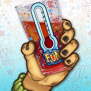 May include: A cartoon illustration of a hand holding a clear glass filled with a red liquid. The glass has a thermometer design and the word "FUN" in yellow and blue. The background is a light blue with stars and the words "TV! TIME!!".