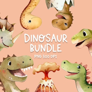 Dinosaur Clipart PNG Bundle, Cute Dinosaur Clipart PNG, Watercolor Baby Dinosaur Clipart Digital Files, Dinosaur Nursery Decor