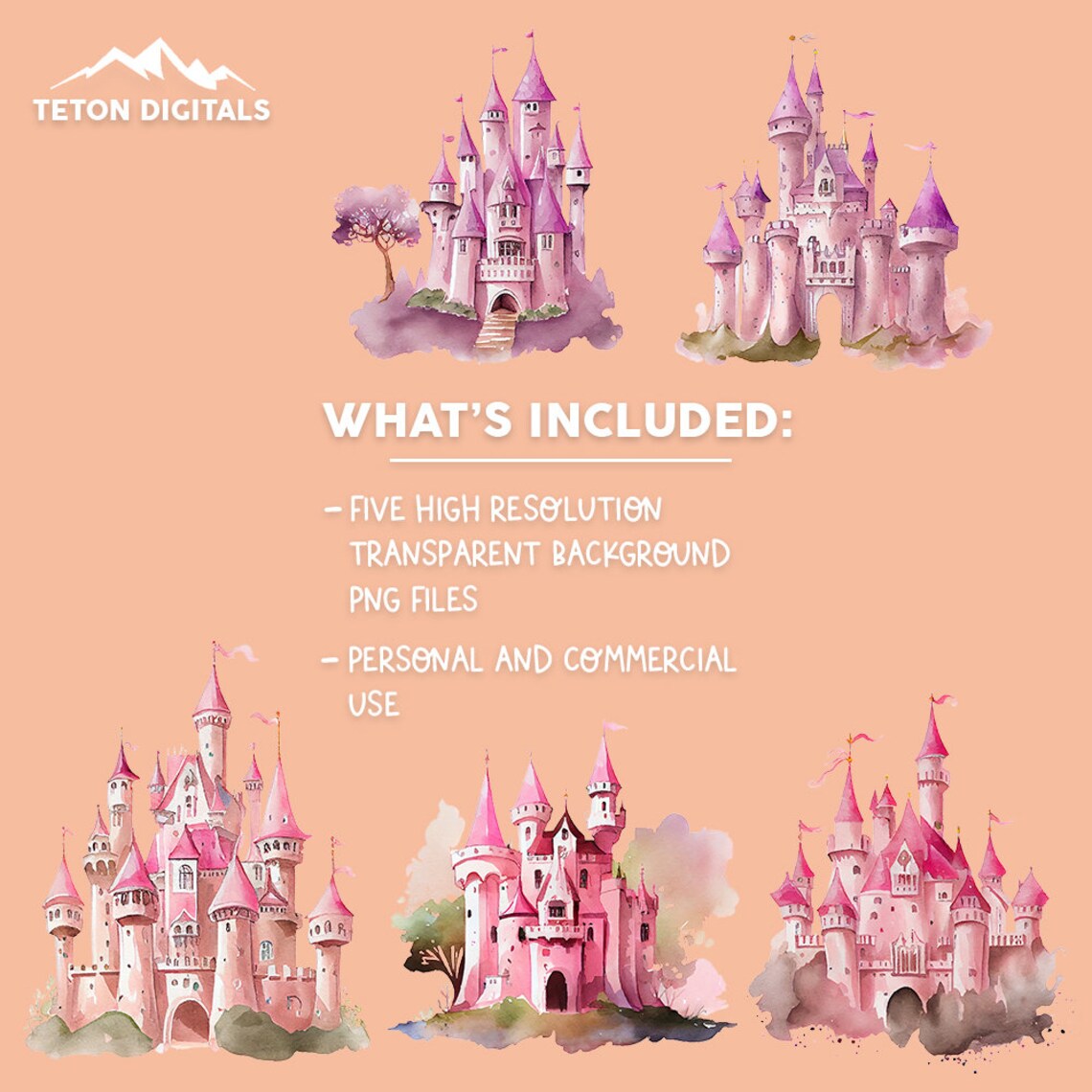 Princess Castle Clipart PNG Bundle, Magical and Mystical Watercolor ...