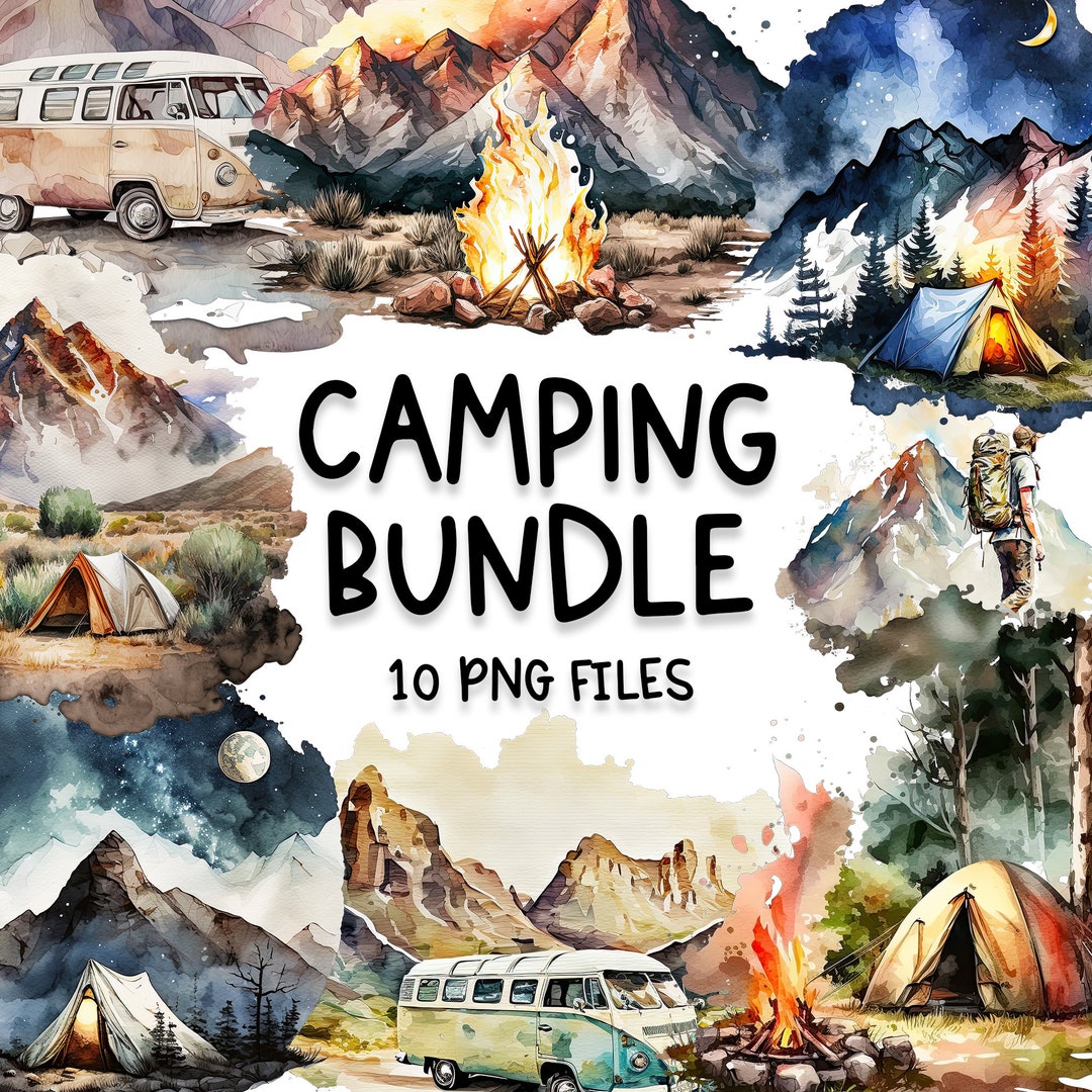 Camping Watercolor Clipart PNG Bundle, Camping Theme Watercolor Clipart ...