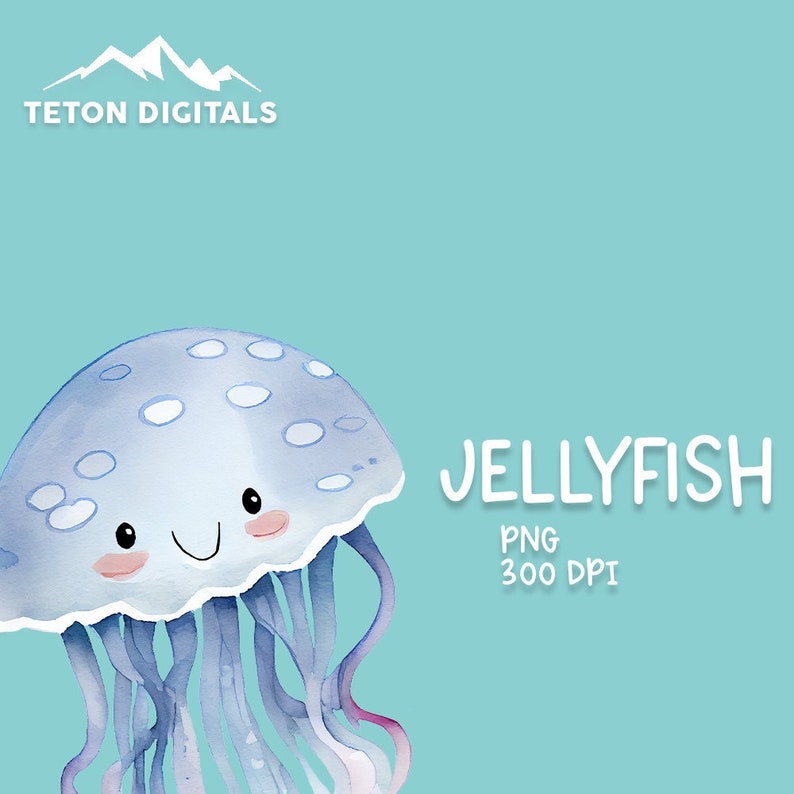 Jellyfish Watercolor Clipart, Cute Jellyfish Clipart PNG, Jellyfish Clipart Digital File, Transparent Background, Jellyfish Sublimation image 1