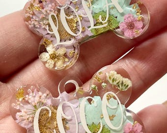 Personalized Floral Pastel Resin Dog Tag: Pressed Flower Pet ID