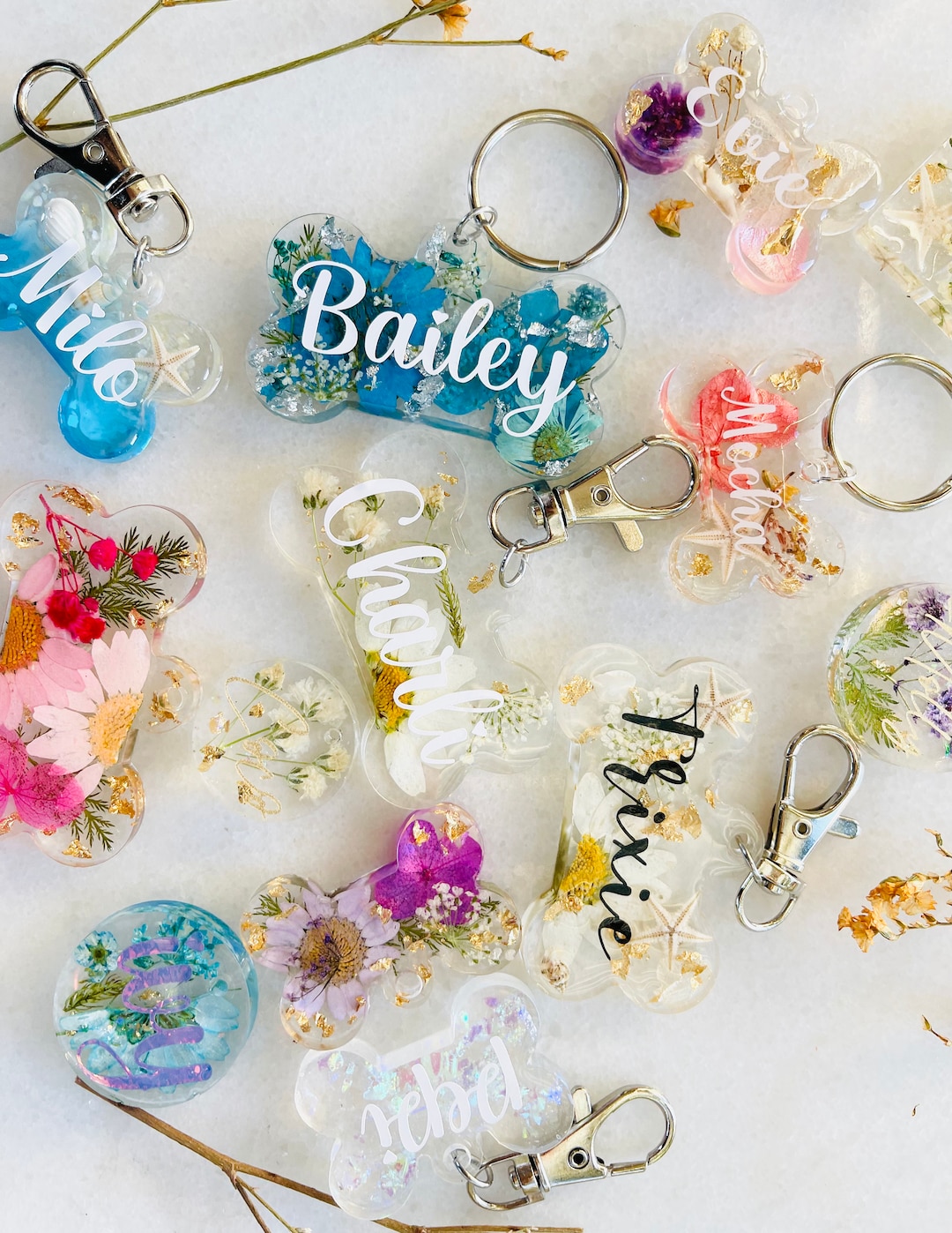 Personalized Floral Resin Pet ID Tag: Bone Dog Tag