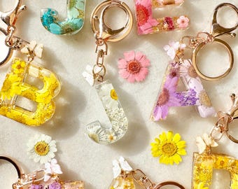 Floral Resin Initial Keyring: Personalised Letter with Rosegold Keychain and Butterfly Charm