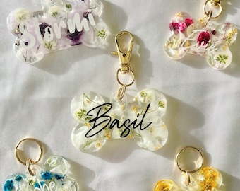 Personalized Floral Resin Dog Tag: Bone Pet ID