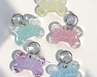 Gepersonaliseerde hondenpenning van hars: pastel glitter huisdier-ID, botvorm