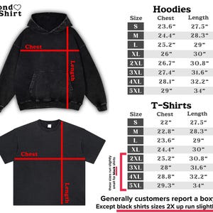 May include: Black hoodie and t-shirt with size charts. The hoodie chest measurements range from 23.6 inches to 29 inches, and the length from 27.5 inches to 34 inches. T-shirt chest measurements range from 22 inches to 29.3 inches, and the length from 27.5 inches to 34 inches.