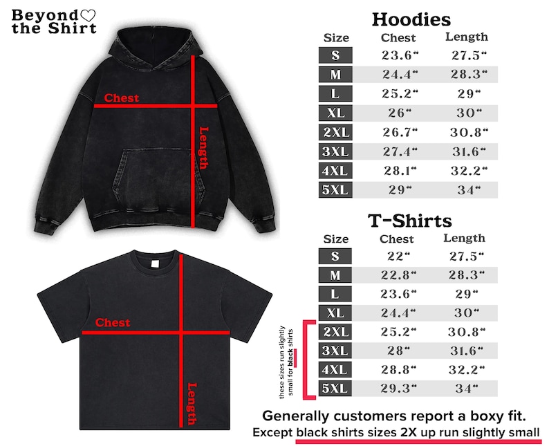 May include: Black hoodie and t-shirt with size charts. The hoodie chest measurements range from 23.6 inches to 29 inches, and the length from 27.5 inches to 34 inches. T-shirt chest measurements range from 22 inches to 29.3 inches, and the length from 27.5 inches to 34 inches.