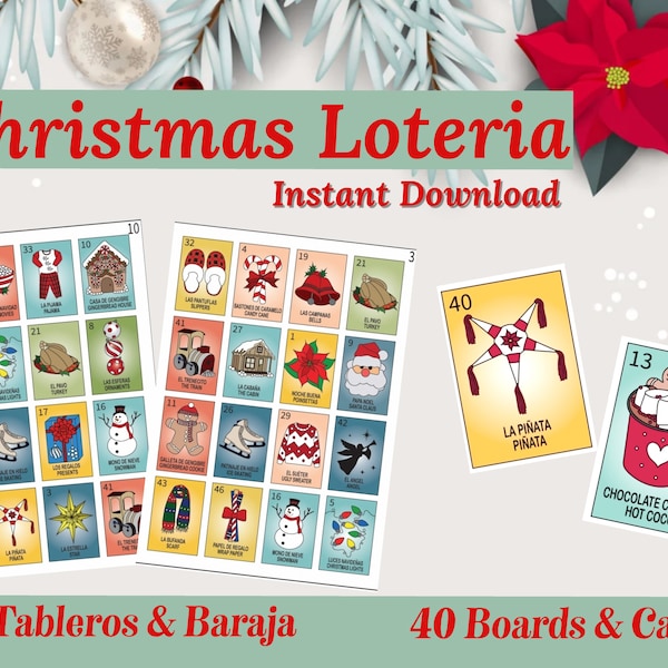 Christmas Loteria | Bingo Game | Loteria Navidad. Spanish & English, 40 tableros | 40 Boards to play. Instant PDF | Descarga al Instante