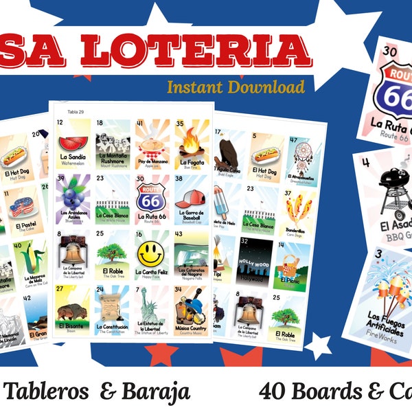 USA Loteria / Bingo Game. Spanish & English, 40 tableros para Jugar. 40 Boards to play. Instant PDF para imprimir. Instant PDF to print.