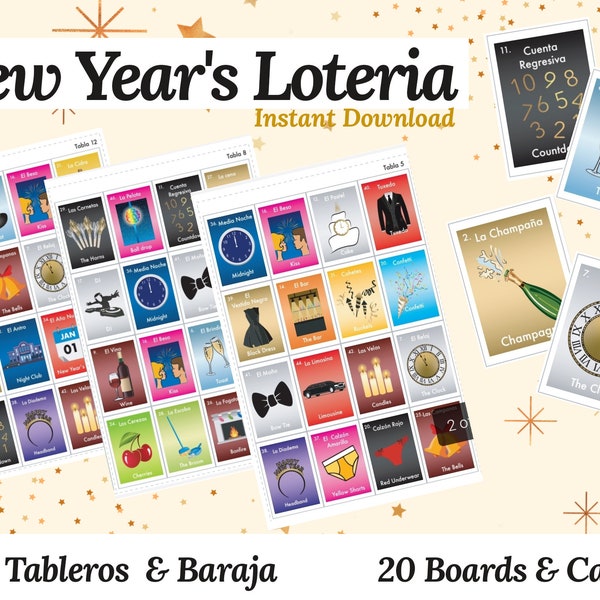 New Year’s Loteria,  Bingo Game. Spanish & English, 20 tableros para Jugar. 20 Boards to play. Instant PDF to print. Descarga Inmediata!