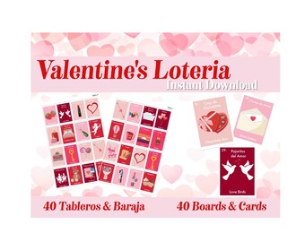Jogo de Bingo da Loteria do Dia dos Namorados: Espanhol e Inglês, 40 Tabuleiro (Download instantâneo em PDF)