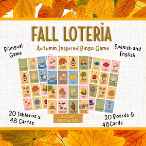 Op de afbeelding: Een tweetalig "Fall Lotería" bingospel met herfstthema-illustraties. Het spel bevat 20 borden en 48 kaarten, met tekst in zowel het Spaans als het Engels. De afbeelding staat tegen een achtergrond van herfstbladeren.