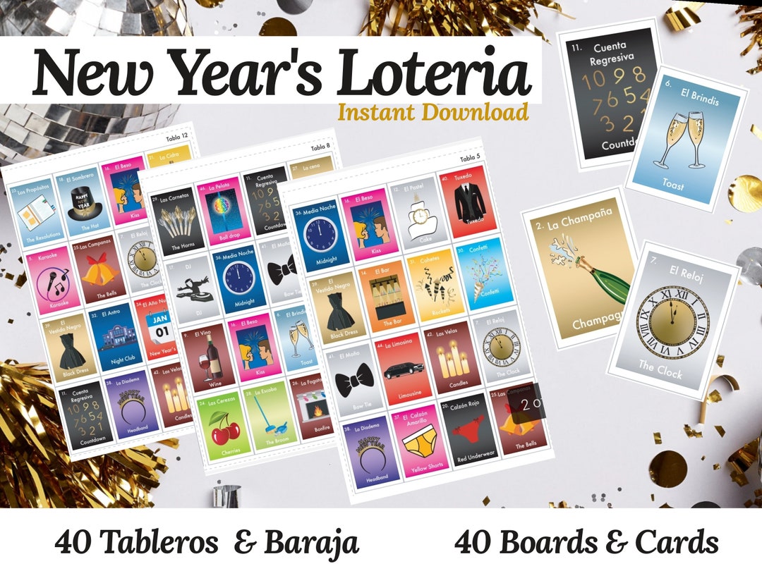 New Years Loteria / Bingo Game. Spanish & English, 40 Tableros Para