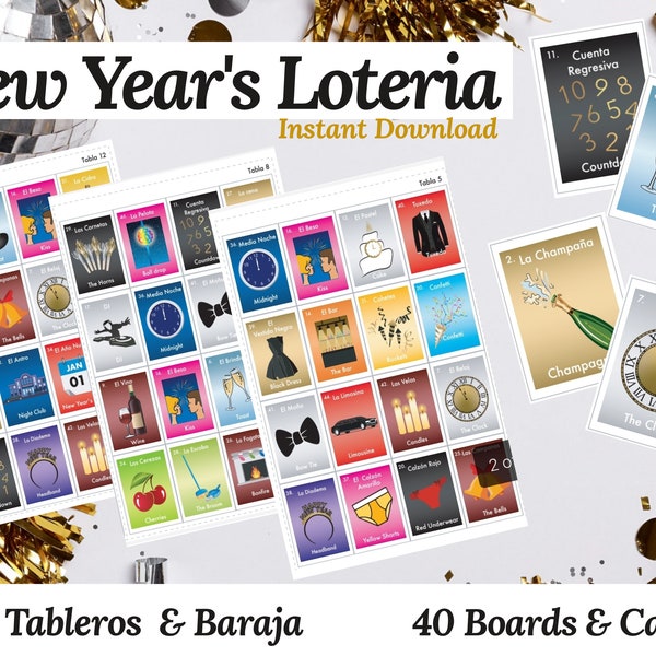New Year’s Loteria / Bingo Game. Spanish & English, 40 tableros para Jugar. 40 Boards to play. Instant PDF to print. Descarga al Instante!
