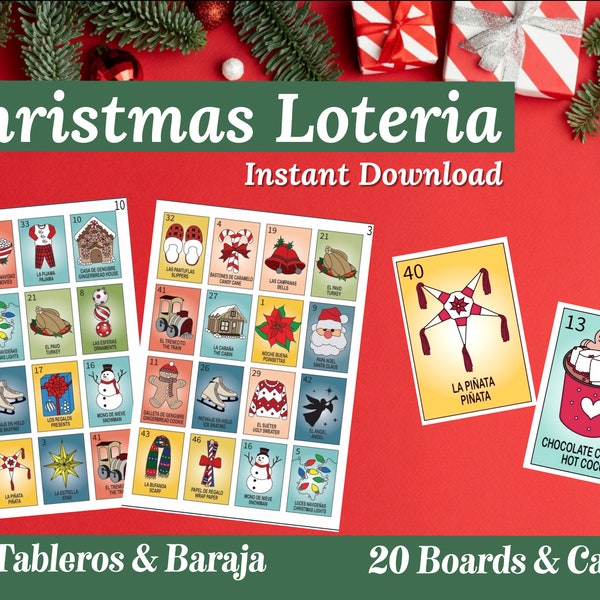 Christmas / Bingo Game - Loteria de Navidad. Spanish & English, 20 Boards /20 tableros.  Instant PDF to print. Descarga Inmediata