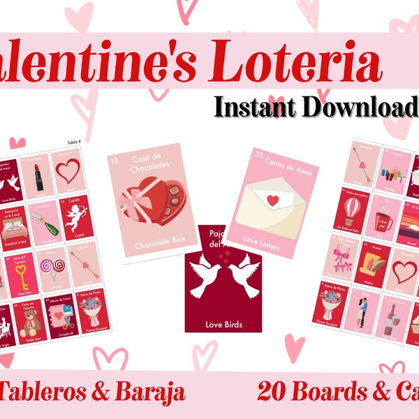 Valentine’s Loteria / Bingo Game. Spanish & English, 20 tableros para Jugar. 20 Boards to play. Instant PDF to print. Descarga al Instante!