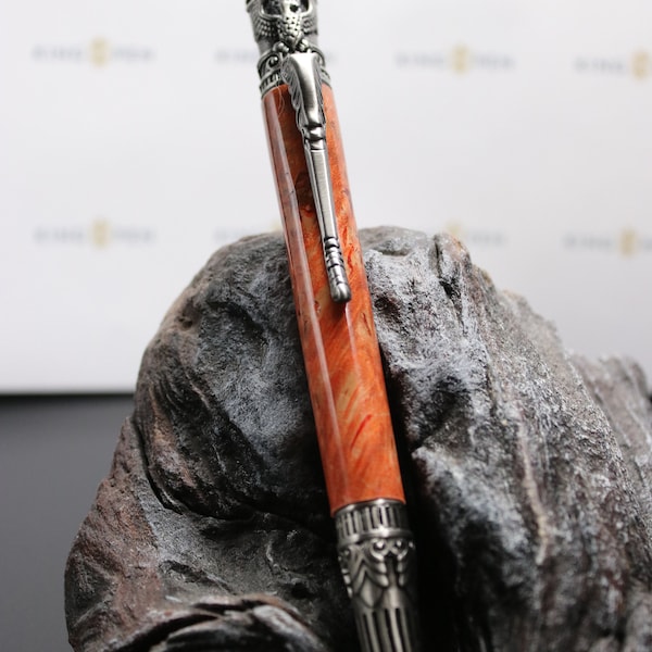 Federal Inspired Twist Pen in Antique Pewter featuring a Orange Dyed Maple Burl