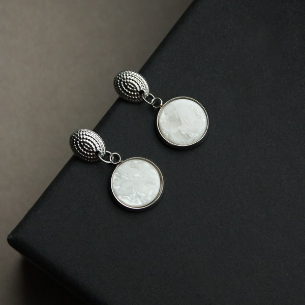 Ohrringe Silber aus Edelstahl mit Stein in Weiß, Ohrstecker, rund