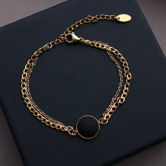 Armband Gold aus Edelstahl mit Stein in Schwarz Matt, Armkettchen, Schmuck, Accessoire