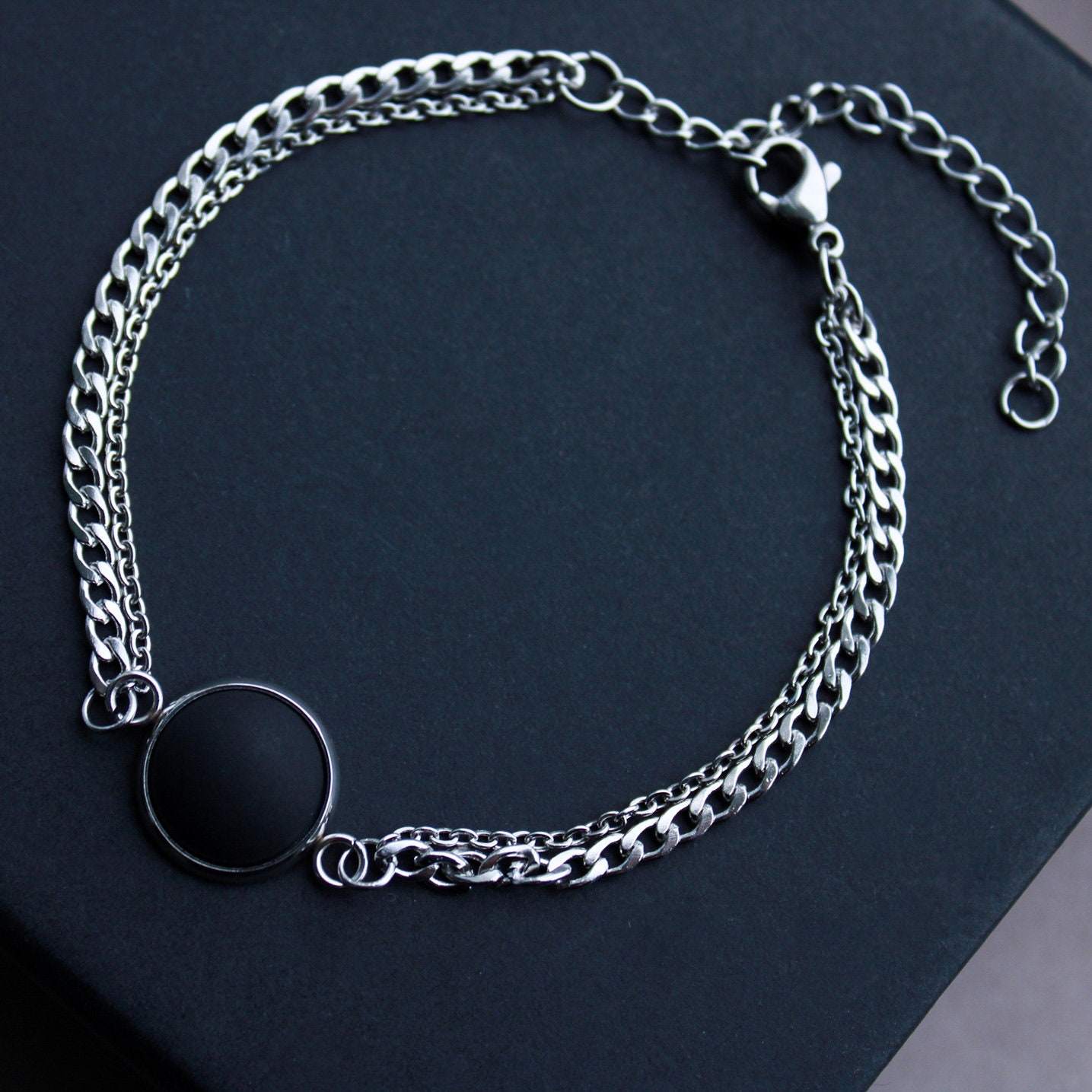 Silver Bracelet With Stone in Matt Black, Stainless Steel Silver Bracelet With Stone in Matt Black, Stainless Steel