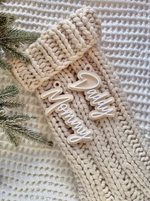 Custom Acrylic Stocking Tags, Personalized Wood Stocking Name Tag, Christmas Stocking Labels, Modern Holiday Tags, Custom Name Ornaments