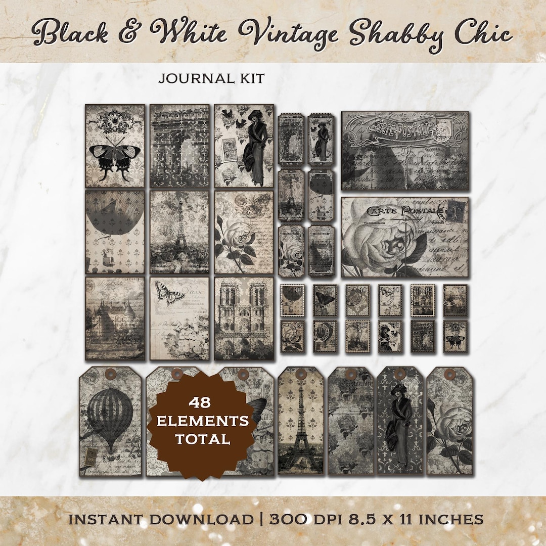 Black White Shabby Chic Junk Journal Kit, Vintage Ephemera (PDF & PNG ...