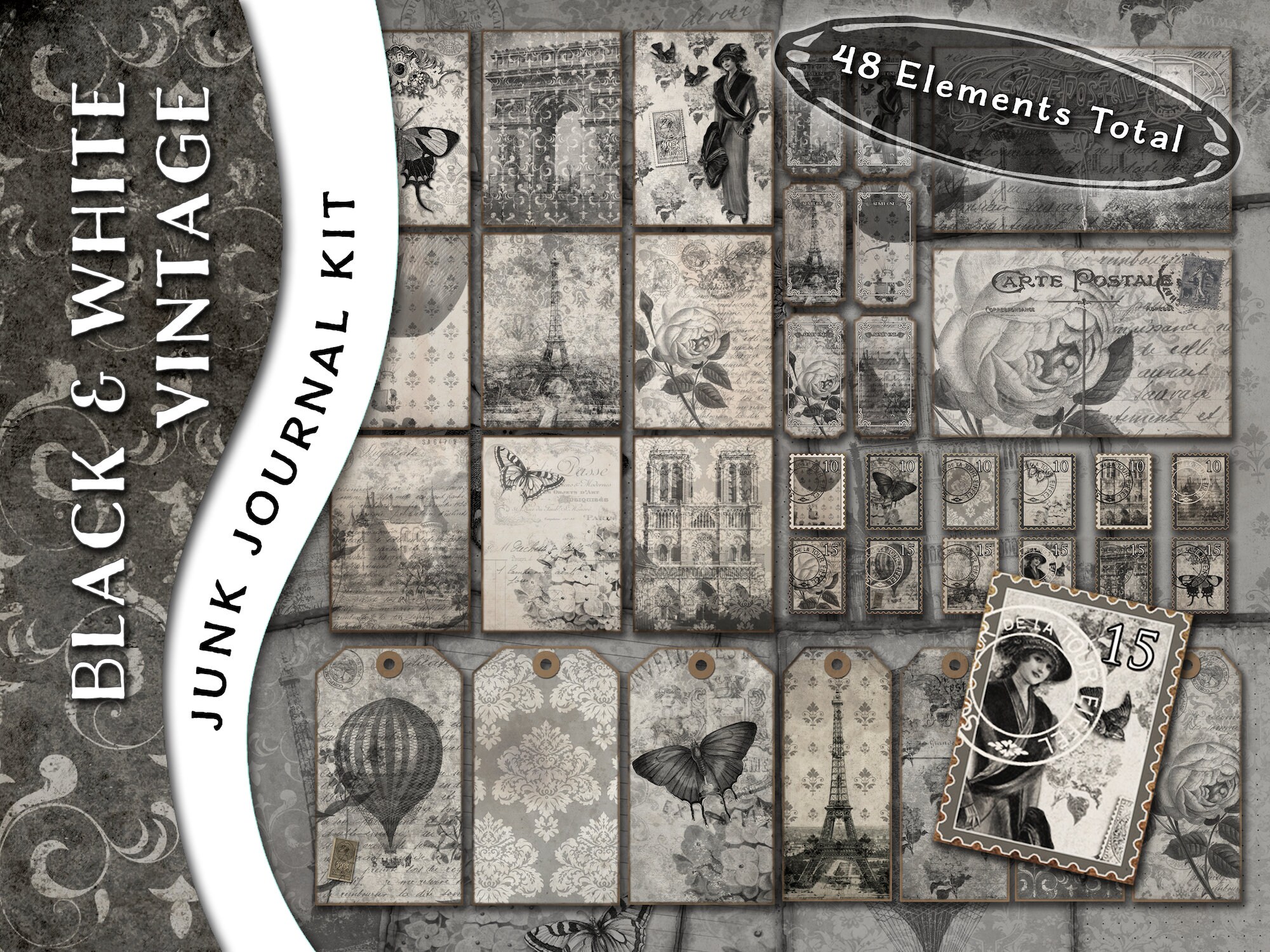 Black and White Shabby Chic Vintage Junk Journal Kit, Black & White ...